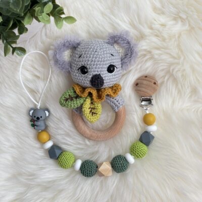 Hochet koala fait main avec attache tétine