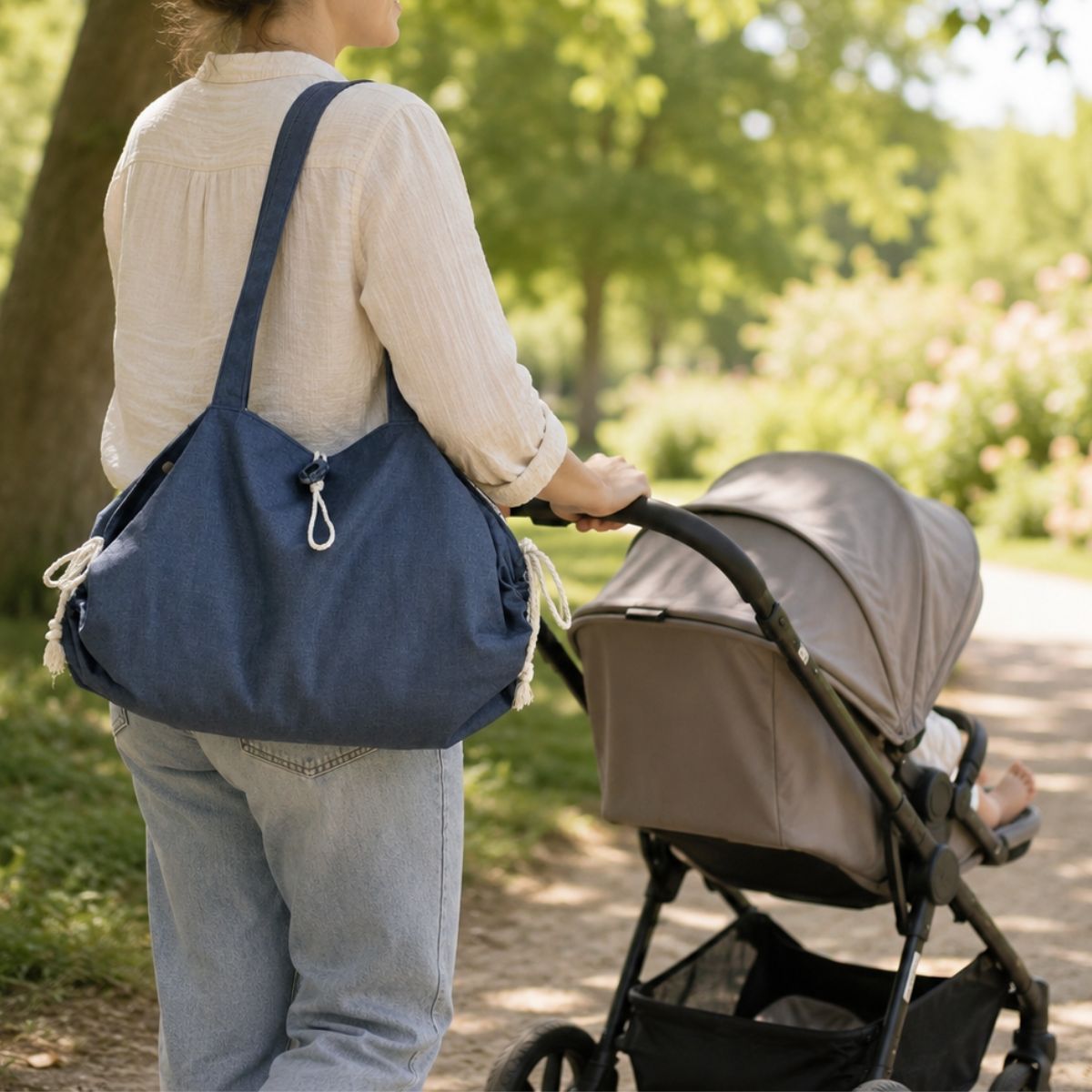 Le tapis de change 'Ti'Posé bleu jean porté à l'épaule d'une maman pousant une possette