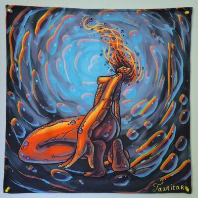 Tenture murale fluorescente UV « Cyborg en Hyperespace » – Gobelet art psychédélique, Déco Cyberpunk 50x50cm