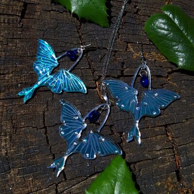 Parure de bijoux papillon nocturne magique - Pendentif et boucles d'oreilles luminescents