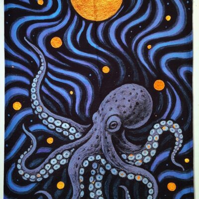 Tenture murale fluorescente UV - Poulpe cosmique, art psychédélique et marin (50x65 cm)