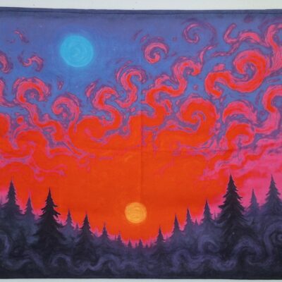 Tenture Murale UV "Coucher de Soleil en Forêt Boréale" - Gobelin Fluo Néon 50x65cm - Art Psychédélique