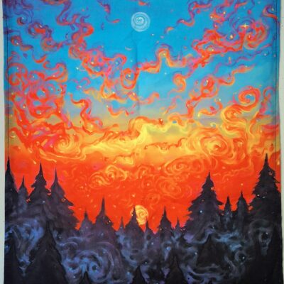 Tenture murale fluorescente UV – Forêt de conifères cosmique et psychédélique