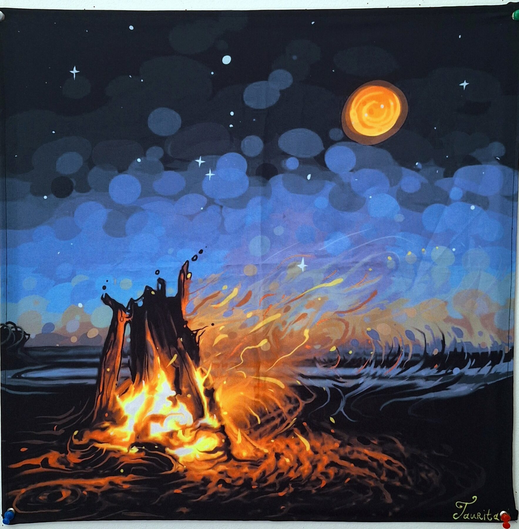 Tenture murale fluorescente feu de camp - Tissu UV 50x50 cm