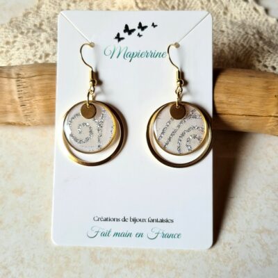 Boucles d'oreille femme fait main papier résiné et acier inoxydable Pailleté