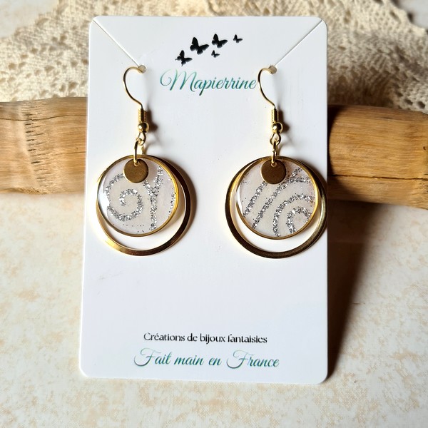 Boucles d'oreille femme fait main papier résiné et acier inoxydable Pailleté