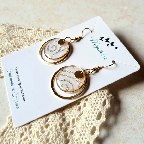 Boucles d'oreille femme fait main papier résiné et acier inoxydable Pailleté – Image 2