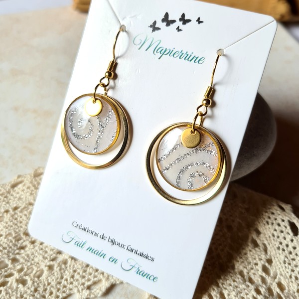 Boucles d'oreille femme fait main papier résiné et acier inoxydable Pailleté – Image 3