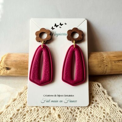 Boucles d'oreille femme fait main en pâte polymère et bois Nature Bordeaux