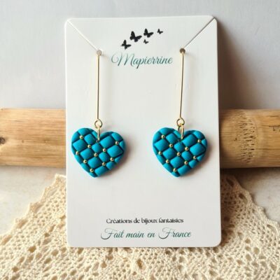 Boucles d'oreille femme fait main en pâte polymère et acier inoxydable Coeur et perles turquoise