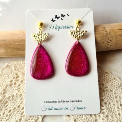 Boucles d'oreille femme fait main en pâte polymère et breloque acier inoxydable Médaille fleurie doré et Bordeaux