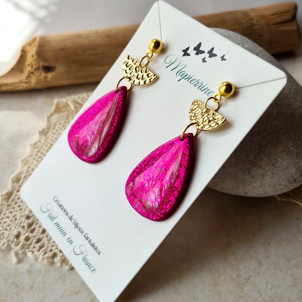 Boucles d'oreille femme fait main en pâte polymère et breloque acier inoxydable Médaille fleurie doré et Bordeaux – Image 2