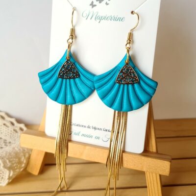 Boucles d'oreille femme fait main en pâte polymère et acier inoxydable Eventail à pampilles turquoise