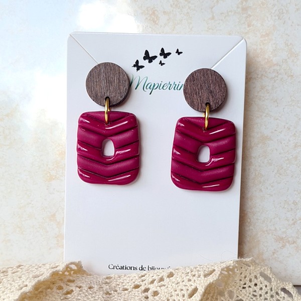 Boucles d'oreille femme fait main en pâte polymère et résine Bordeaux – Image 3