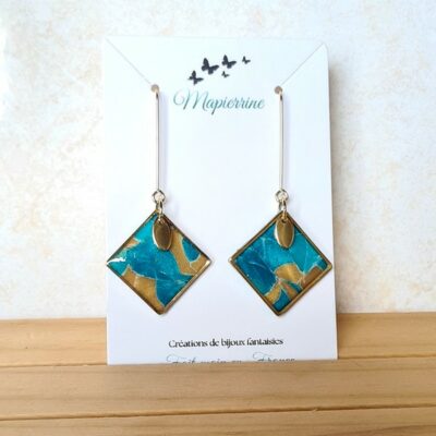 Boucles d'oreille femme fait main en pâte polymère et acier inoxydable Marbré turquoise ocre