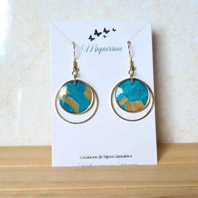 Boucles d'oreille femme fait main en pâte polymère et acier inoxydable Marbré turquoise ocre B