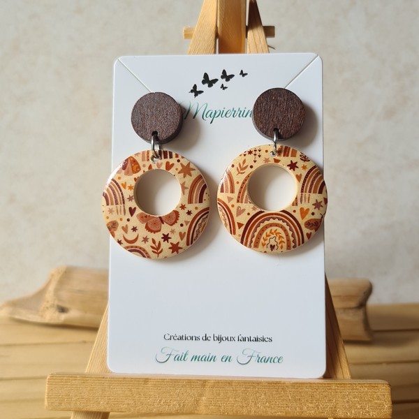 Boucles d'oreille pendante femme fait main Créoles en bois Nature