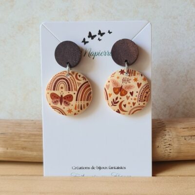 Boucles d'oreille pendante ronde 25 mm femme fait main en bois Nature