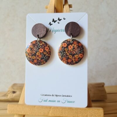 Boucles d'oreille pendante ronde 25 mm femme fait main en bois Automne