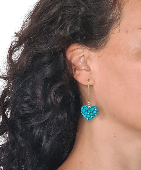 Boucles d'oreille femme fait main en pâte polymère et acier inoxydable Coeur et perles Bleu – Image 4