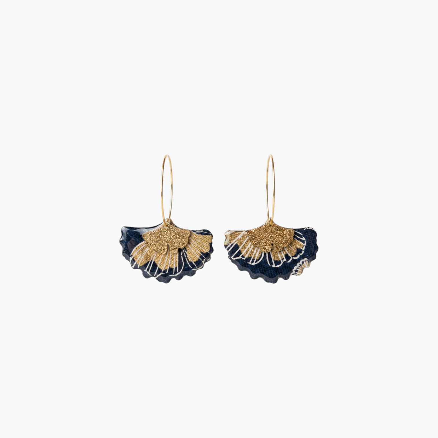 Créoles gingko fait main — papier indien bleu nuit & or, bijou bohème chic – Image 3