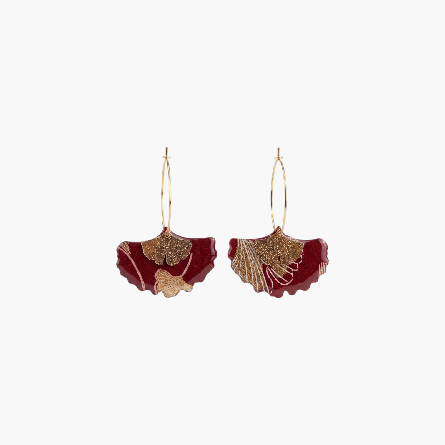 Boucles d'oreilles créoles Gingko rouge et or fait main - Papier indien résiné - Bijou botanique – Image 3