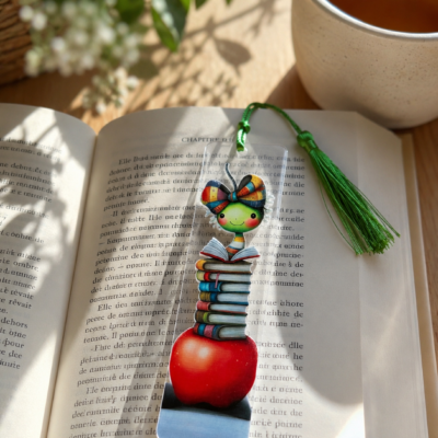 Marque-page « Petit ver ». Pompon vert pomme