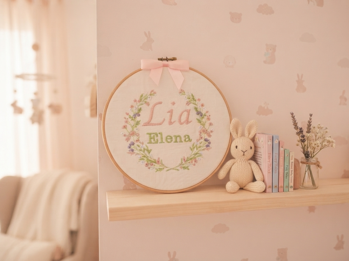 Cadre brodé personnalisé – Prénom de l’enfant 🌸
