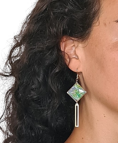 Boucles d'oreille femme fait main en pâte polymère et acier inoxydable Losange marbré – Image 4
