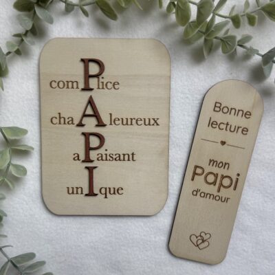 Duo pour Papi - Carte en bois et marque-page