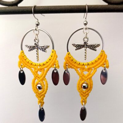 Boucles d'oreilles, micro macramé, jaune, acier inoxydable