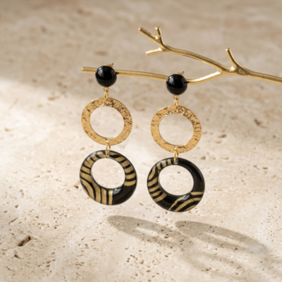 Boucles d'oreilles doubles cercles fait main Nāca — noir & doré