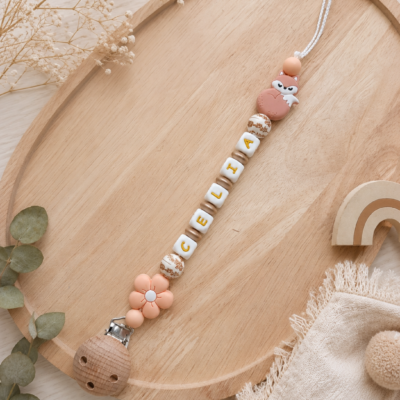 attache tétine renard fleur peche