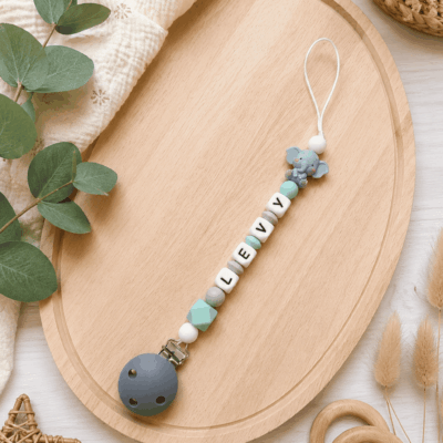 attache tétine elephant gris turquoise