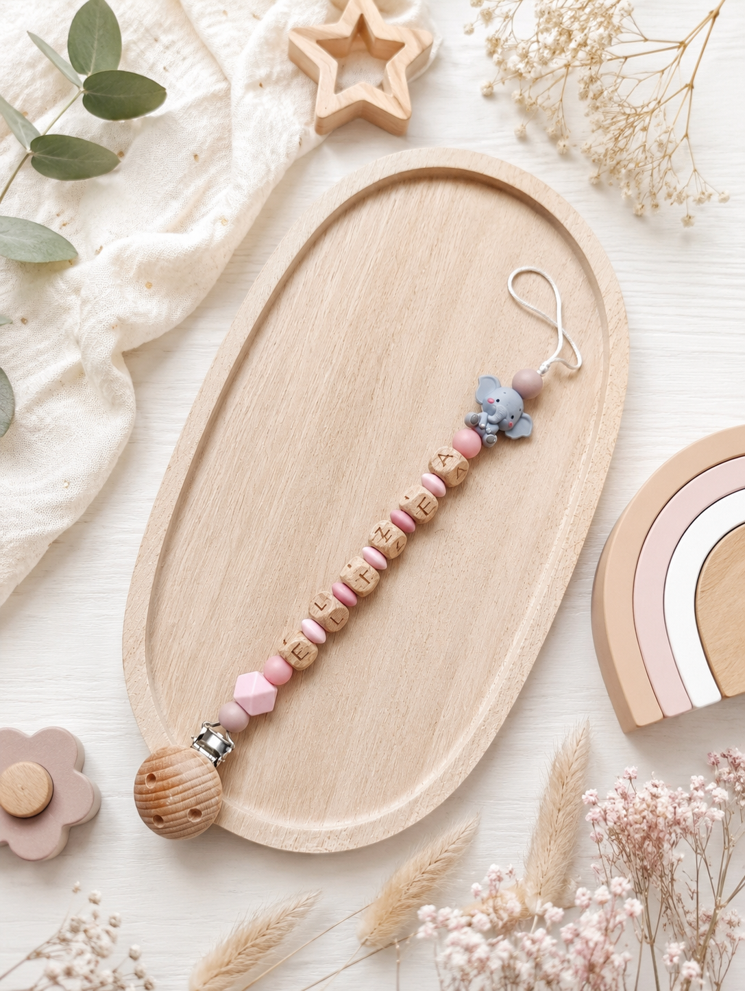 attache tétine elephant gris rose