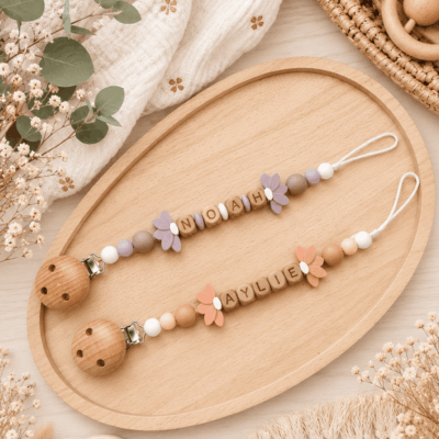 attache tétine fleur lotus mauve pêche