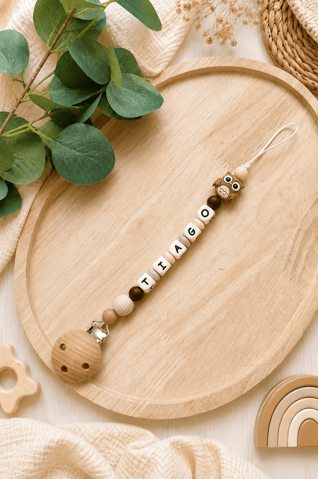 attache tetine hibou marron