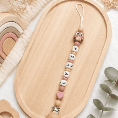attache tetine hibou rose