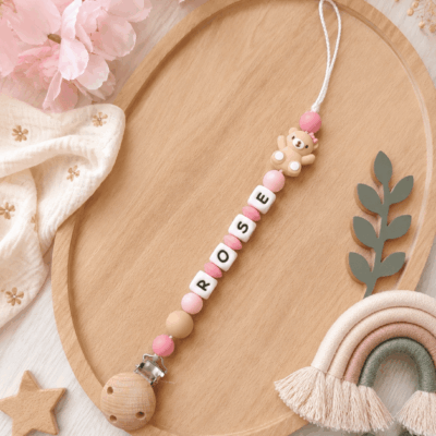 attache tétine ourson beige