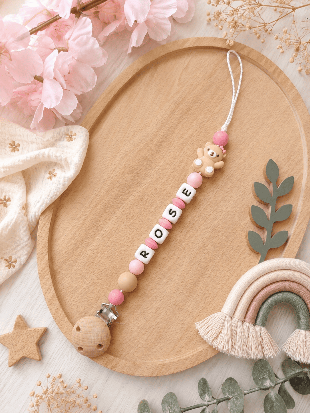 attache tétine ourson beige