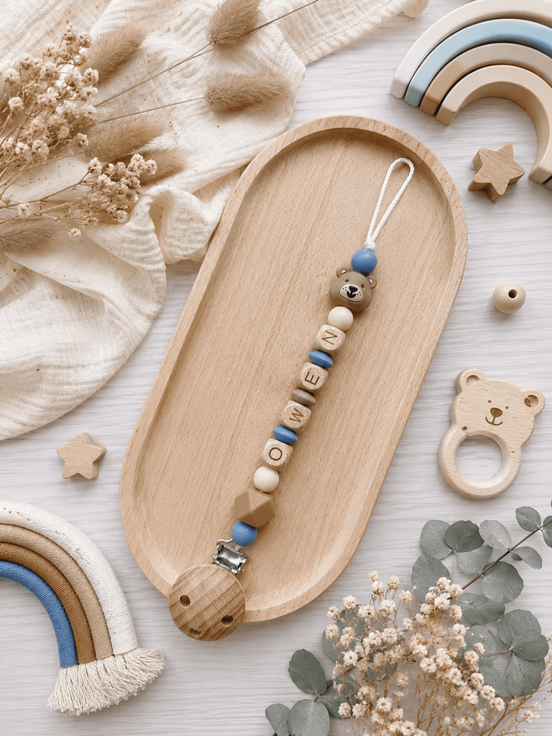 attache tétine ourson bleu beige
