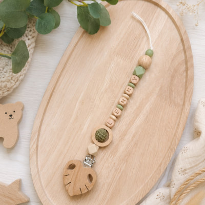 attache tétine perle crochet clip feuille bois
