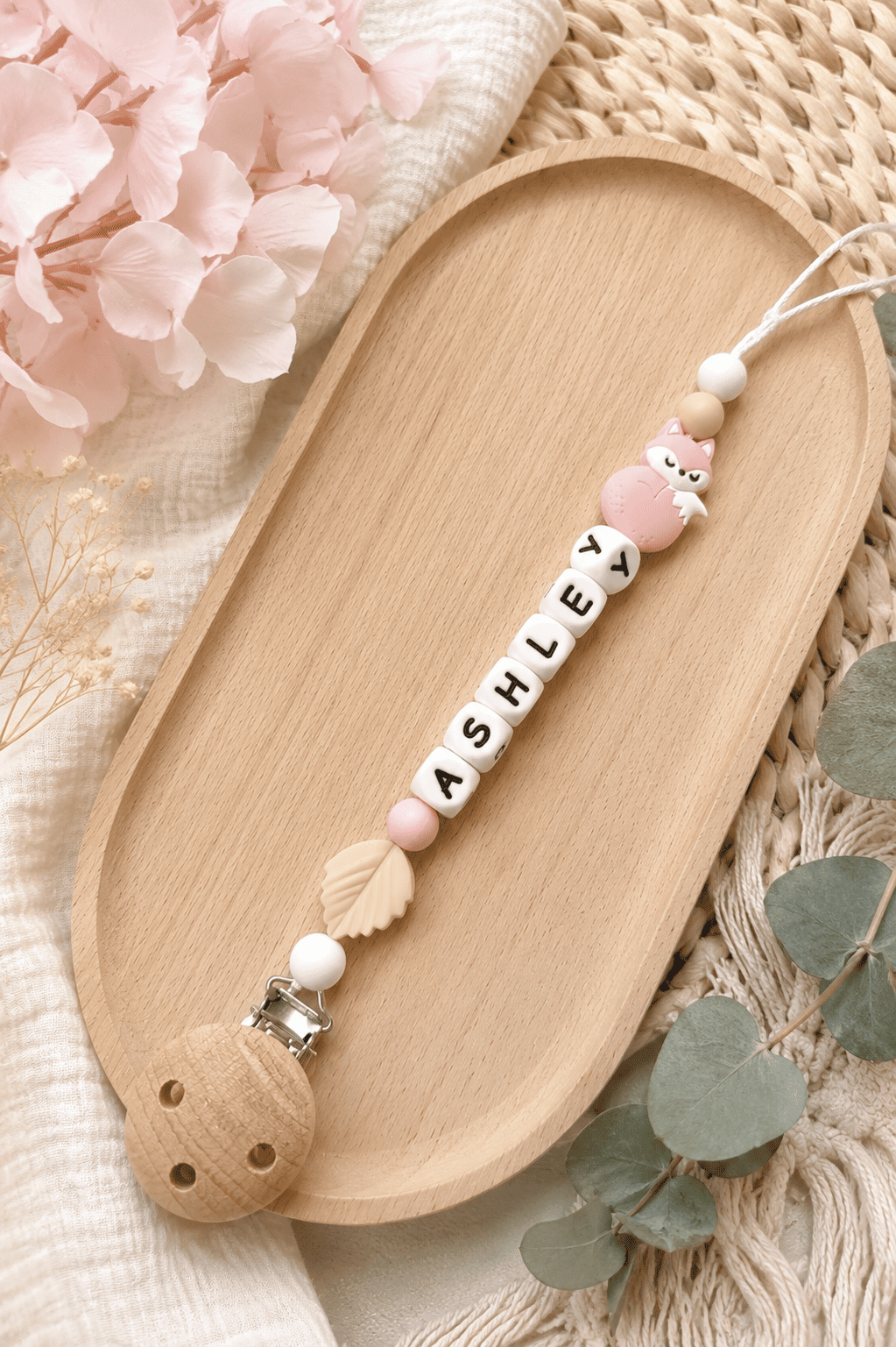 attache tétine renard rose
