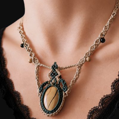 Collier Macramé En Pierre Fine Naturelle Mookaite et Jaspe Picasso Bijou Artisanal Ajustable,Lithothérapie
