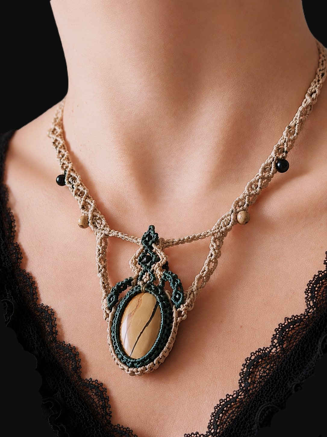 Collier Macramé En Pierre Fine Naturelle Mookaite et Jaspe Picasso Bijou Artisanal Ajustable,Lithothérapie