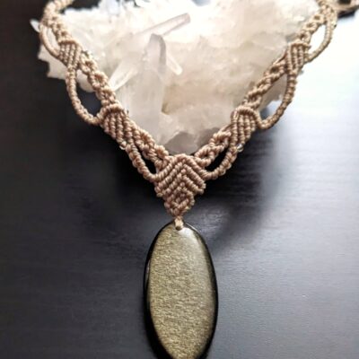 Magnifique Collier Macramé Beige Obsidienne Doré
