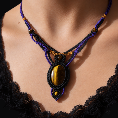 Collier Macramé En Pierre Fine Naturelle Oeil De Tigre / Bijou Artisanal Ajustable,Lithothérapie