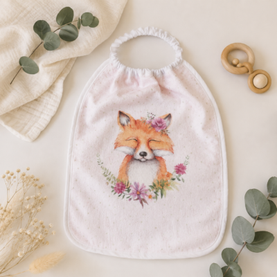 Bavoir maternelle enfant – Renard fleuri | Fait main en France | Éponge Oeko-Tex
