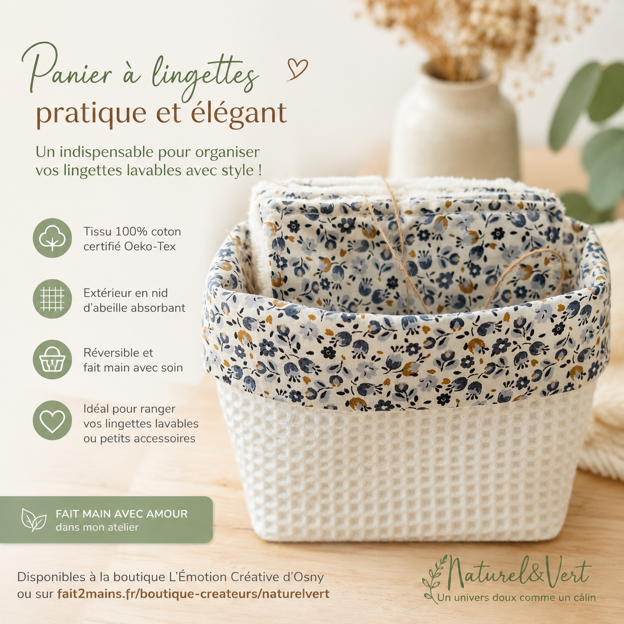 Panier réversible bébé & lingettes lavables – Coton et éponge nid d’abeille Oeko-Tex – Cadeau naissance – Image 3