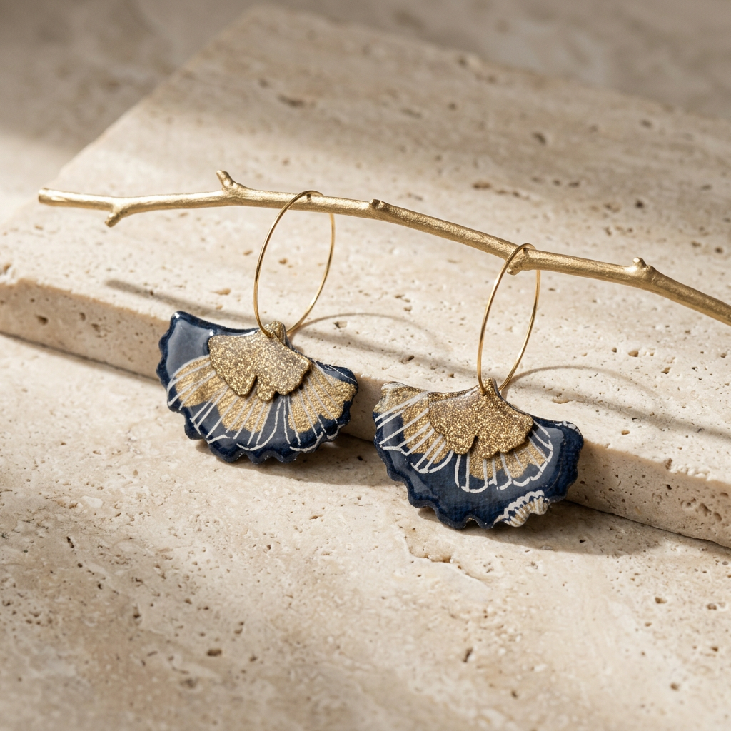 Boucles d'oreilles créoles gingko en papier indien bleu nuit et doré